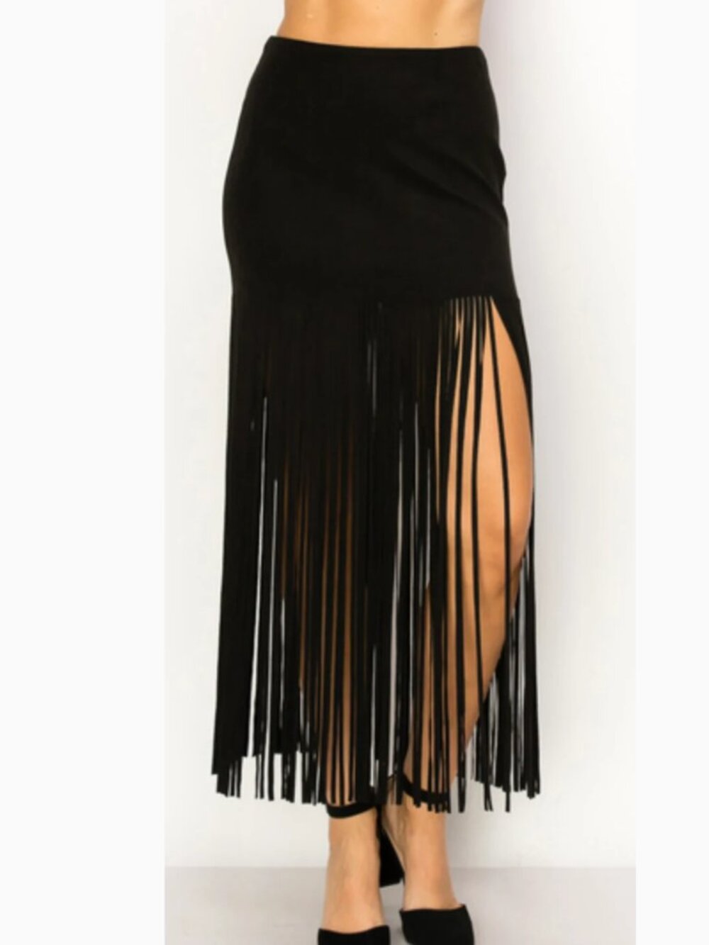 Faux Suede Black Fringe Maxi Skirt